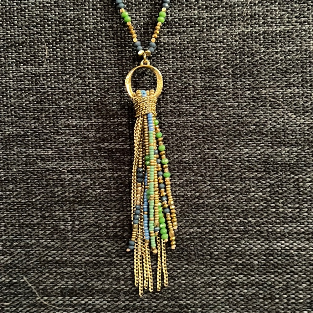 Beaded Tassel Necklace - blue, green and gold